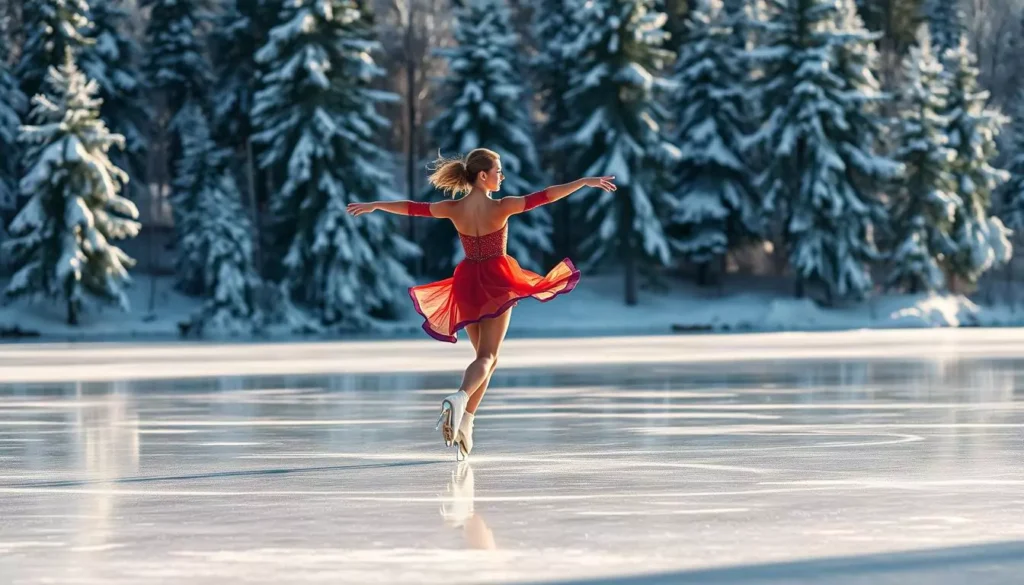 kobieta w czerwonej sukience, trenuję łyżwiarstwo figurowe na zamarzniętym jeziorze